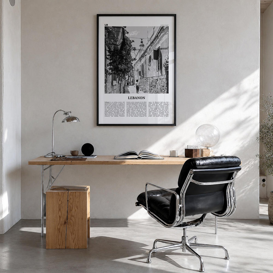 Lebanon no. 2 black & white newspaper poster of Asia – vertical wall art in black wood frame, hanging on wall