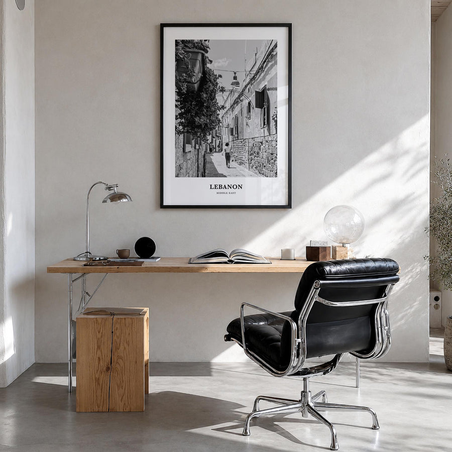 Lebanon no. 4 black & white classic poster of Asia – vertical wall art in black wood frame, hanging on wall