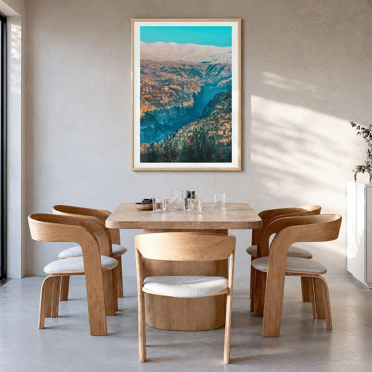 Lebanon Photo Poster in a natural wood frame, hanging in a dining room, white border