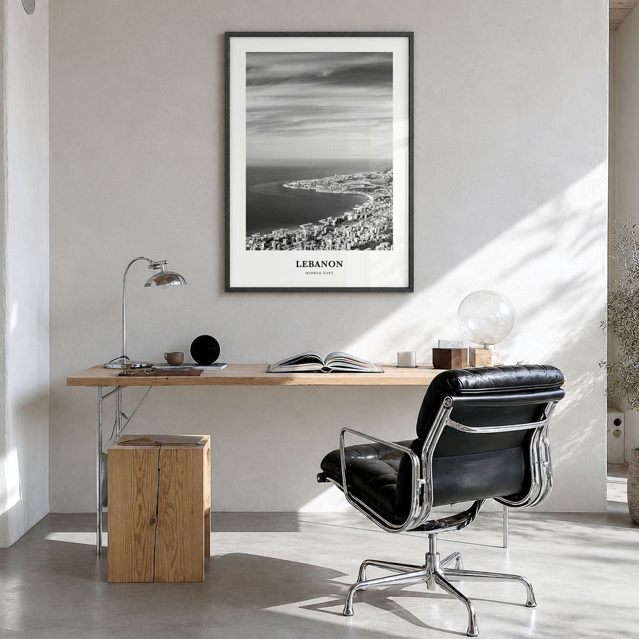 Lebanon Classic No 3 Poster in a black wood frame, hanging in a bright home office