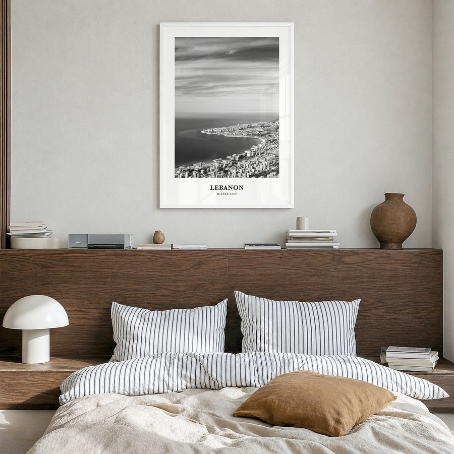 Lebanon Classic No 3 Poster in a white wood frame, hanging in a bedroom
