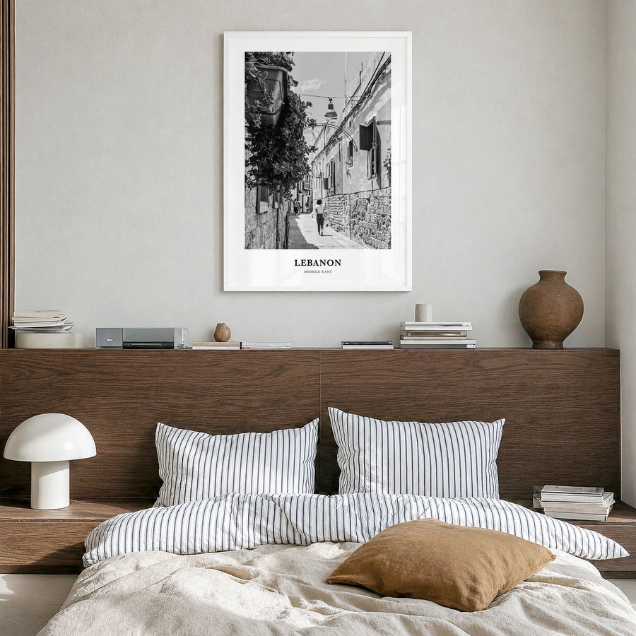 Lebanon Classic No 4 Poster in a white wood frame, hanging in a bedroom