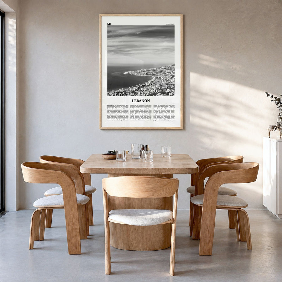 Lebanon Newspaper No 1 Poster in a natural wood frame, hanging in a dining room