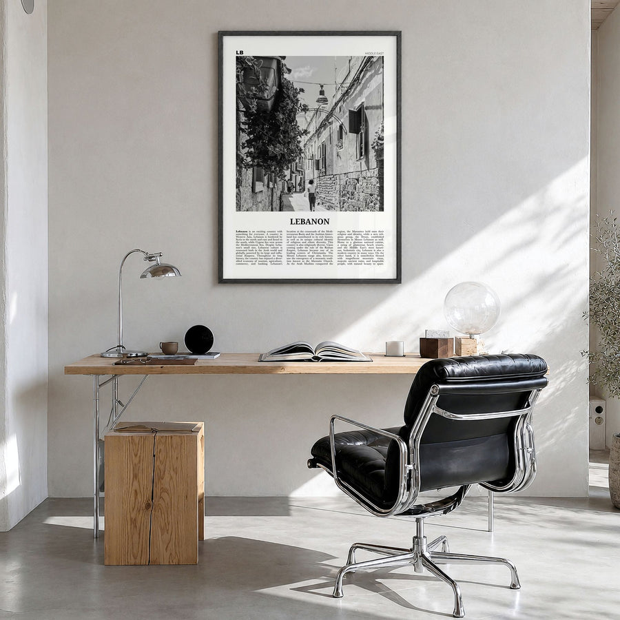 Lebanon Newspaper No 2 Poster in a black wood frame, hanging in a bright home office