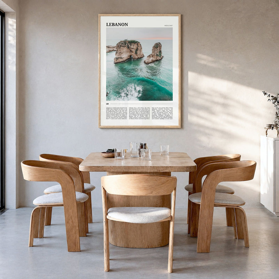 Lebanon Travel Poster in a natural wood frame, hanging in a dining room