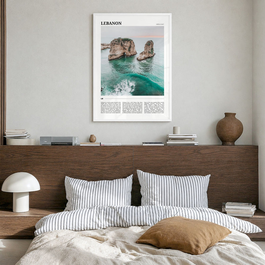 Lebanon Travel Poster in a white wood frame, hanging in a bedroom