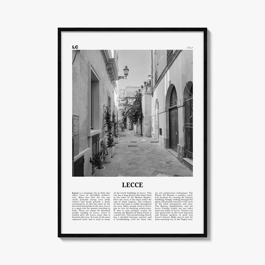 Lecce black & white newspaper poster of Italy – vertical wall art, unframed print shown in interior mockup
