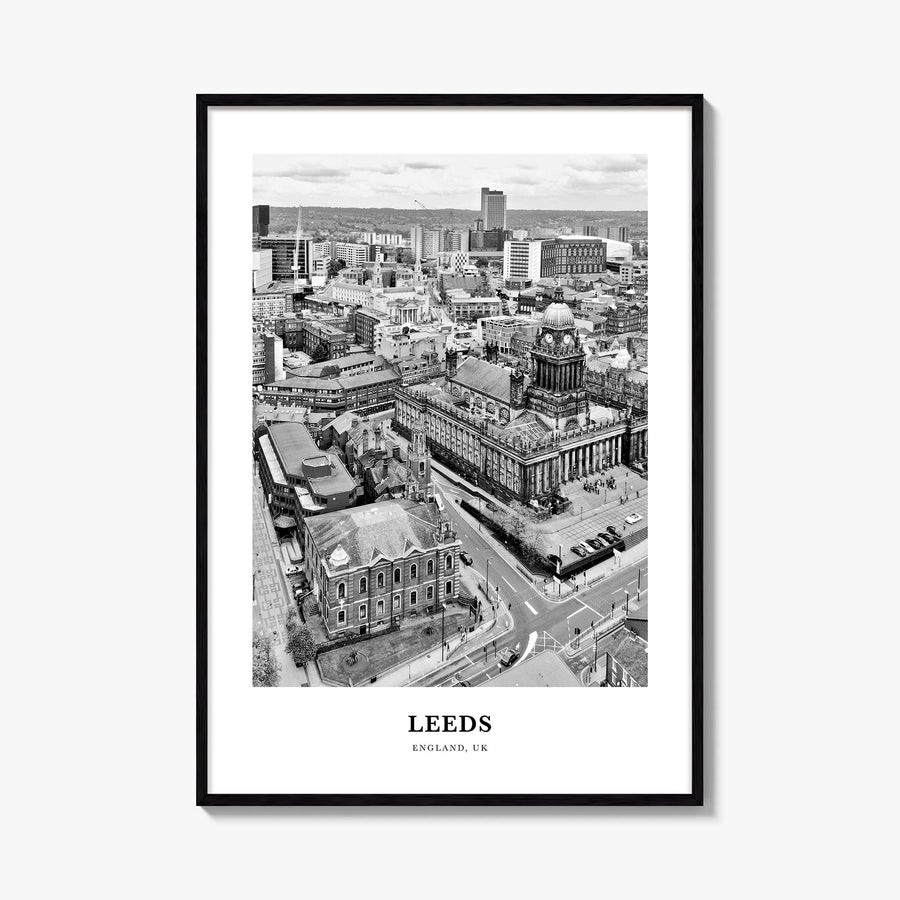 Leeds black & white classic poster of England, UK – vertical wall art, unframed print shown in interior mockup