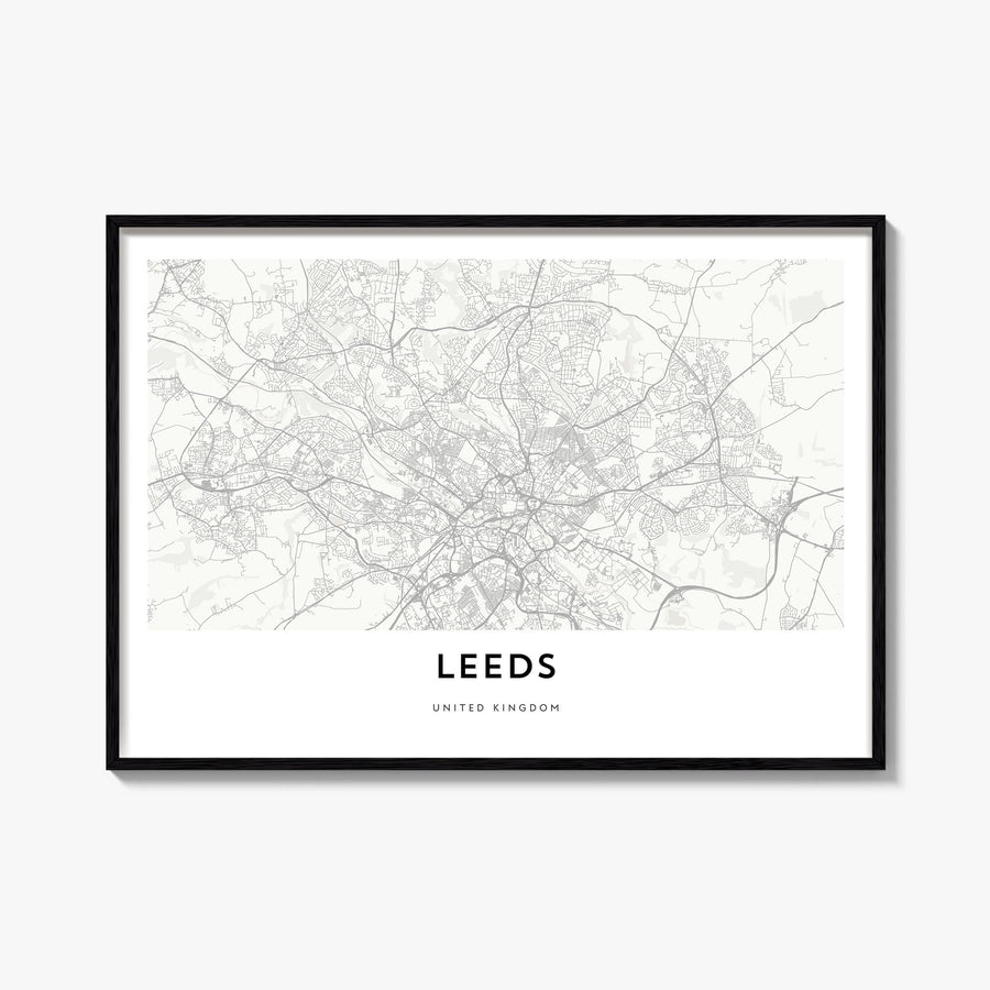 Leeds black & white map poster of England, UK – horizontal wall art, unframed print shown in interior mockup