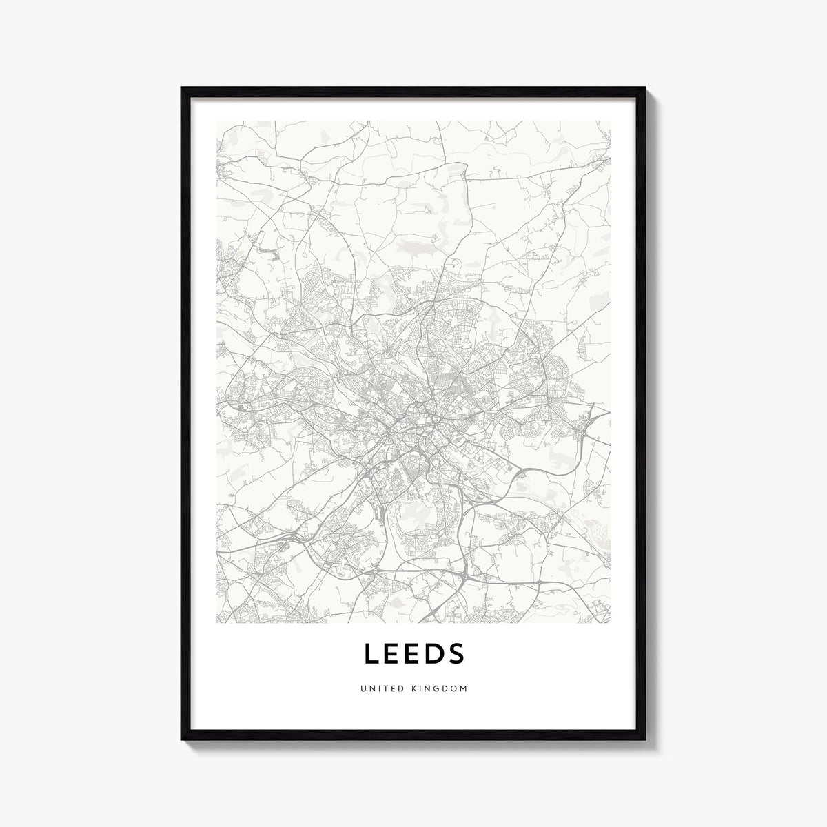 Leeds black & white map poster of England, UK – vertical wall art, unframed print shown in interior mockup