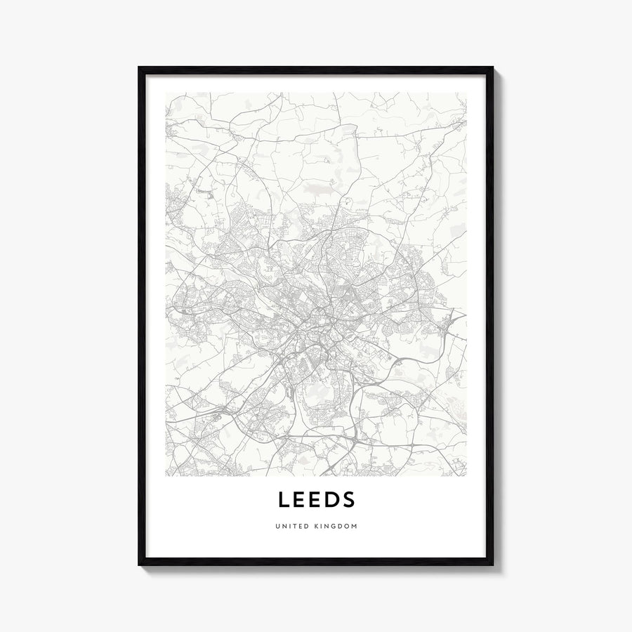 Leeds black & white map poster of England, UK – vertical wall art, unframed print shown in interior mockup