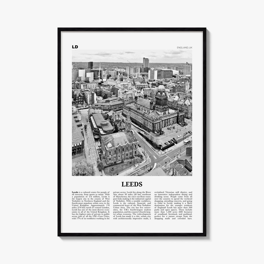 Leeds black & white newspaper poster of England, UK – vertical wall art, unframed print shown in interior mockup
