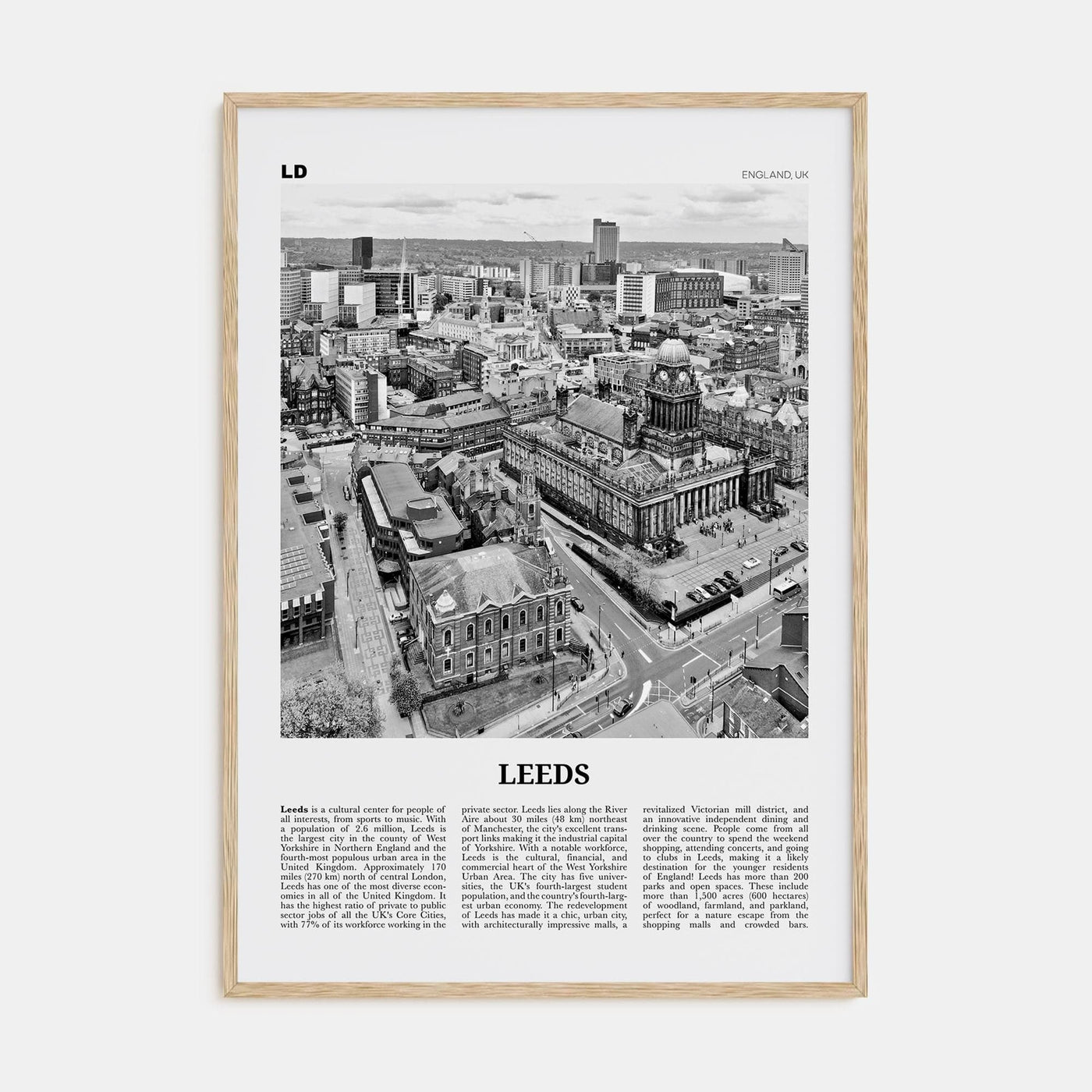 Leeds Poster Natural Wood / 8x12 in Nbourhood Travel B&W Poster