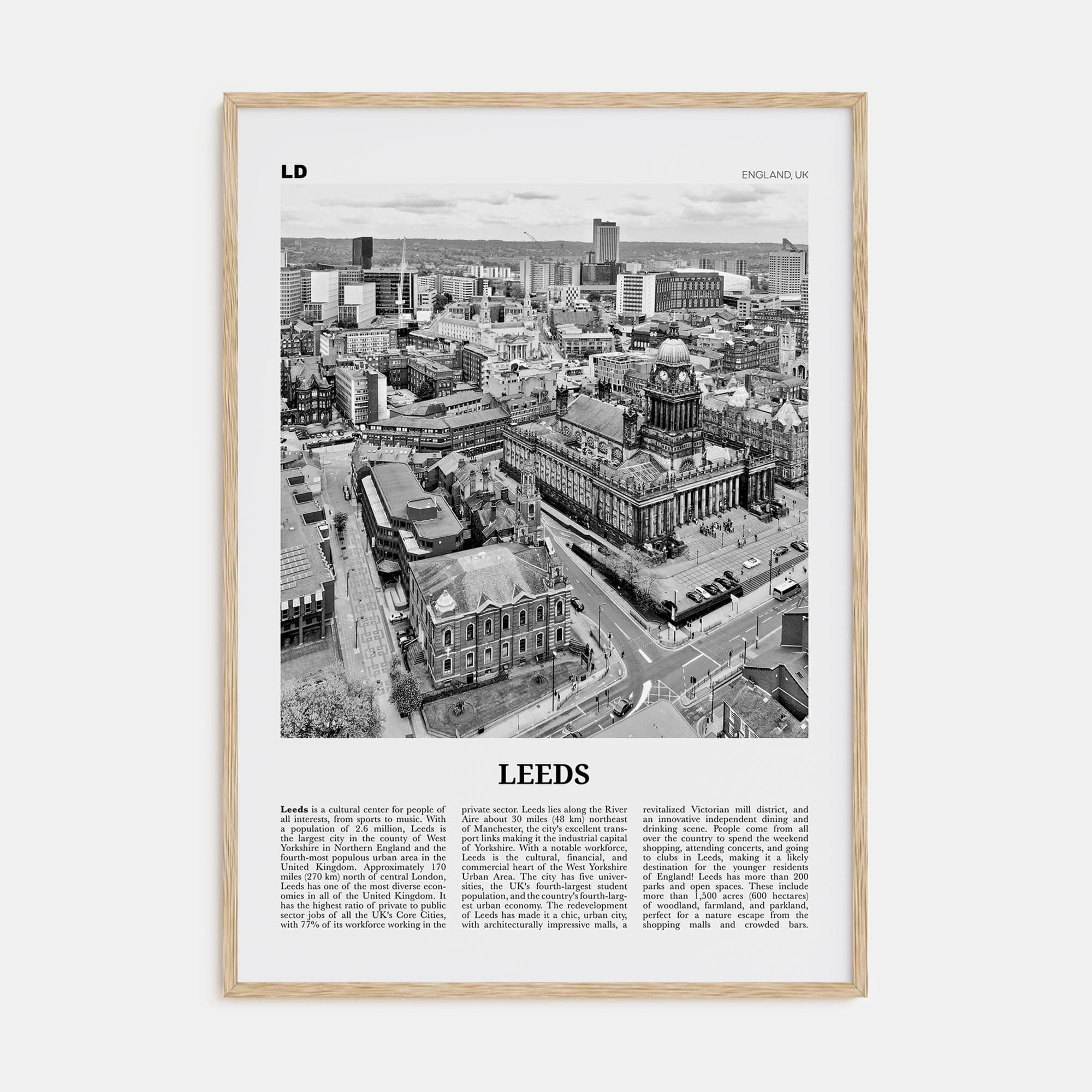 Leeds Poster Natural Wood / 8x12 in Nbourhood Travel B&W Poster