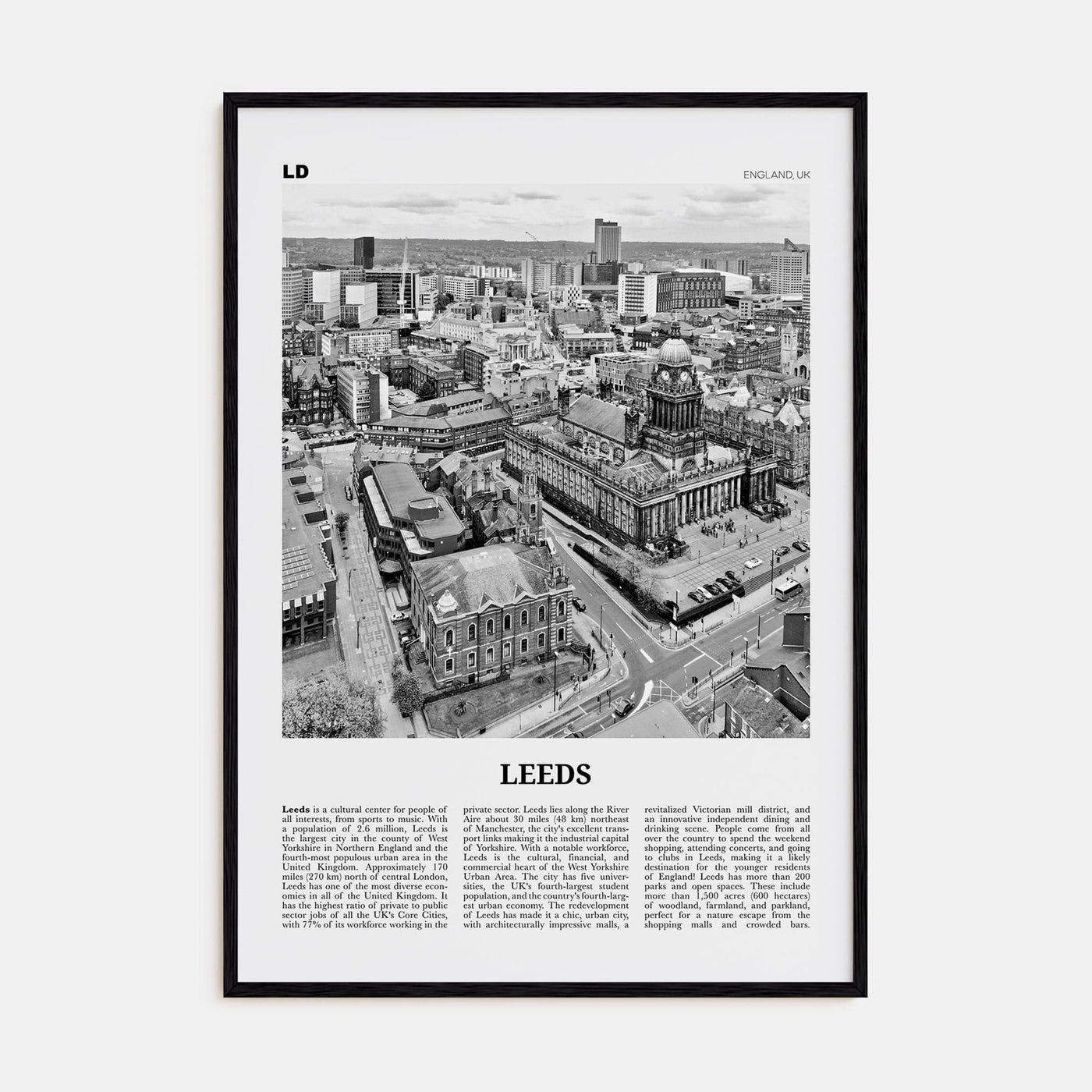 Leeds Poster Black Wood / 8x12 in Nbourhood Travel B&W Poster