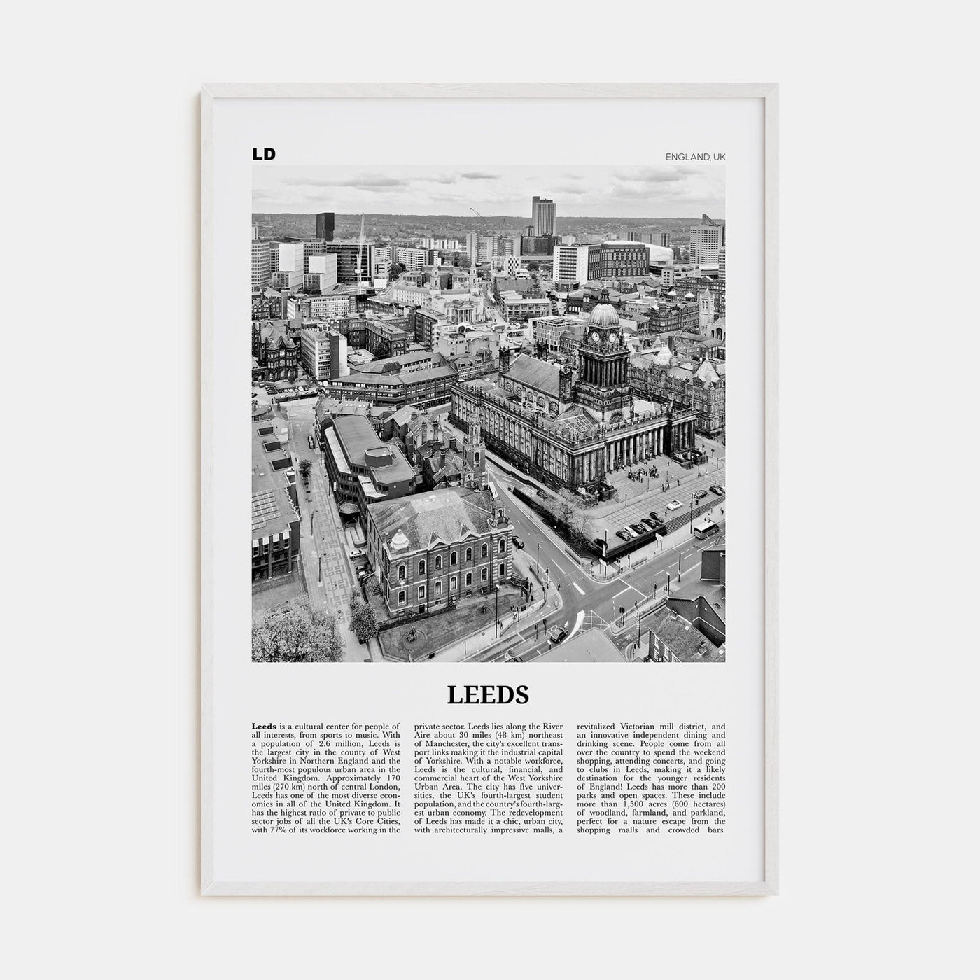 Leeds Poster White Wood / 8x12 in Nbourhood Travel B&W Poster