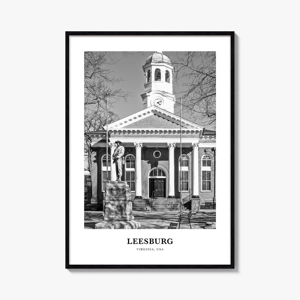 Leesburg black & white classic poster of Virginia, USA – vertical wall art, unframed print shown in interior mockup
