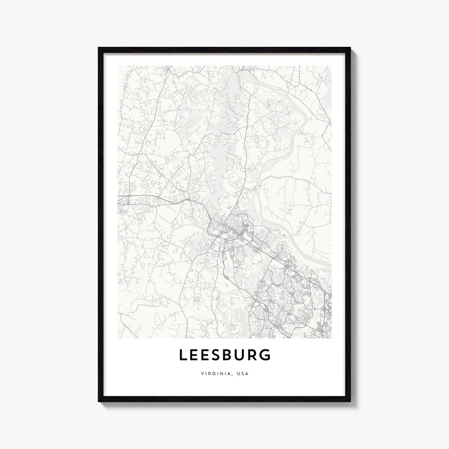 Leesburg black & white map poster of Virginia, USA – vertical wall art, unframed print shown in interior mockup
