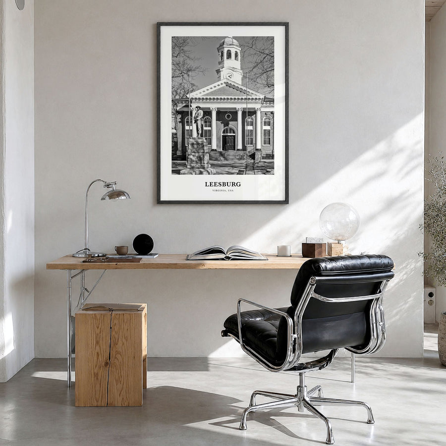 Leesburg Classic Poster in a black wood frame, hanging in a bright home office