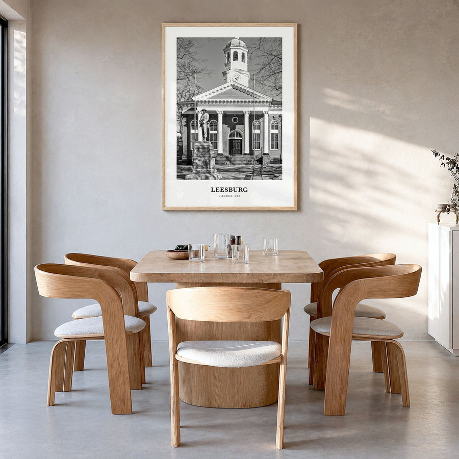 Leesburg Classic Poster in a natural wood frame, hanging in a dining room