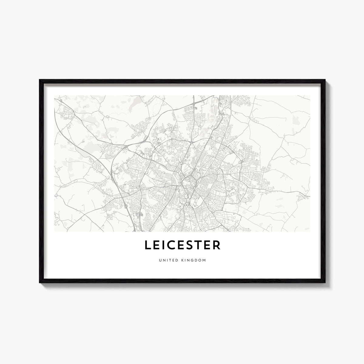 Leicester black & white map poster of England, UK – horizontal wall art, unframed print shown in interior mockup