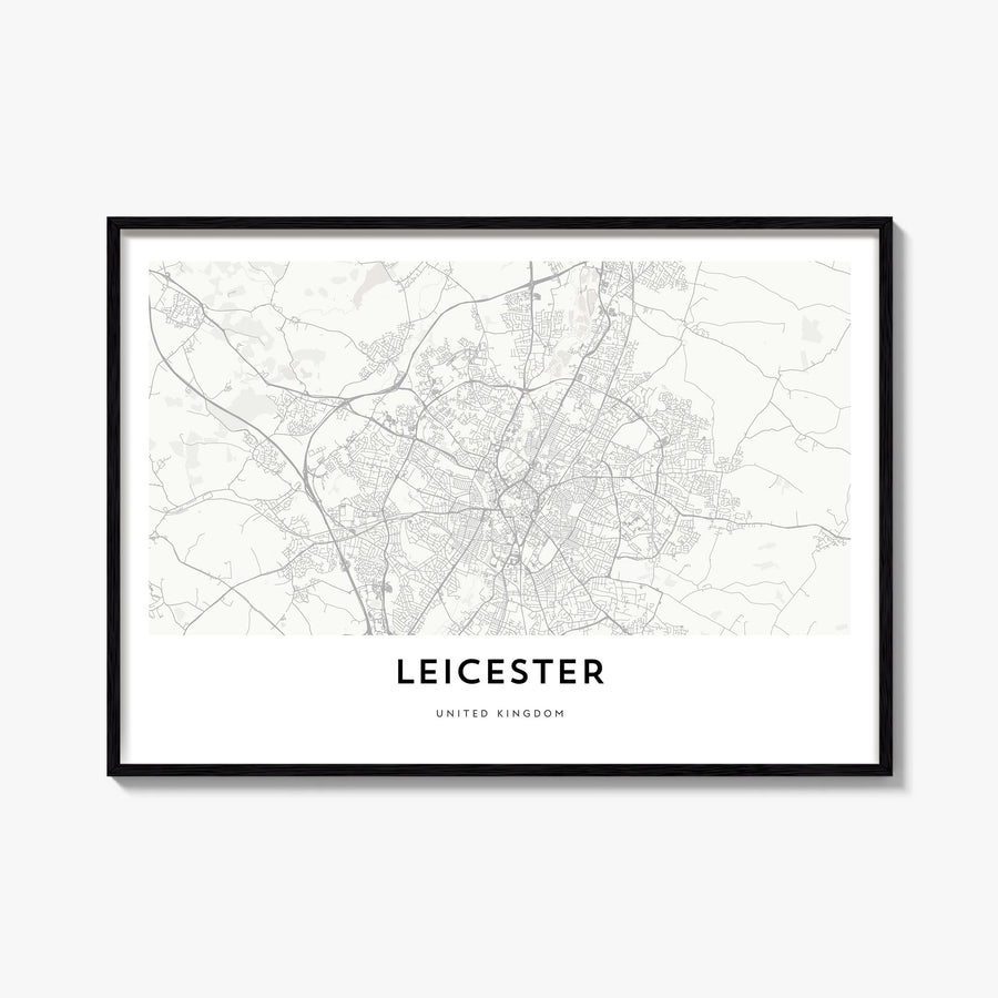 Leicester black & white map poster of England, UK – horizontal wall art, unframed print shown in interior mockup