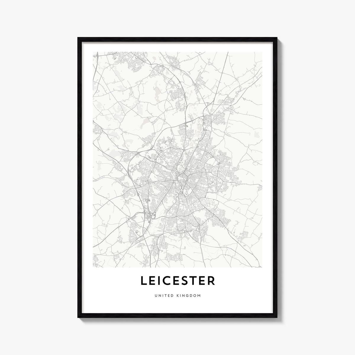 Leicester black & white map poster of England, UK – vertical wall art, unframed print shown in interior mockup