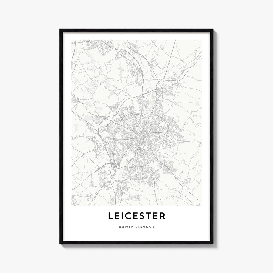 Leicester black & white map poster of England, UK – vertical wall art, unframed print shown in interior mockup