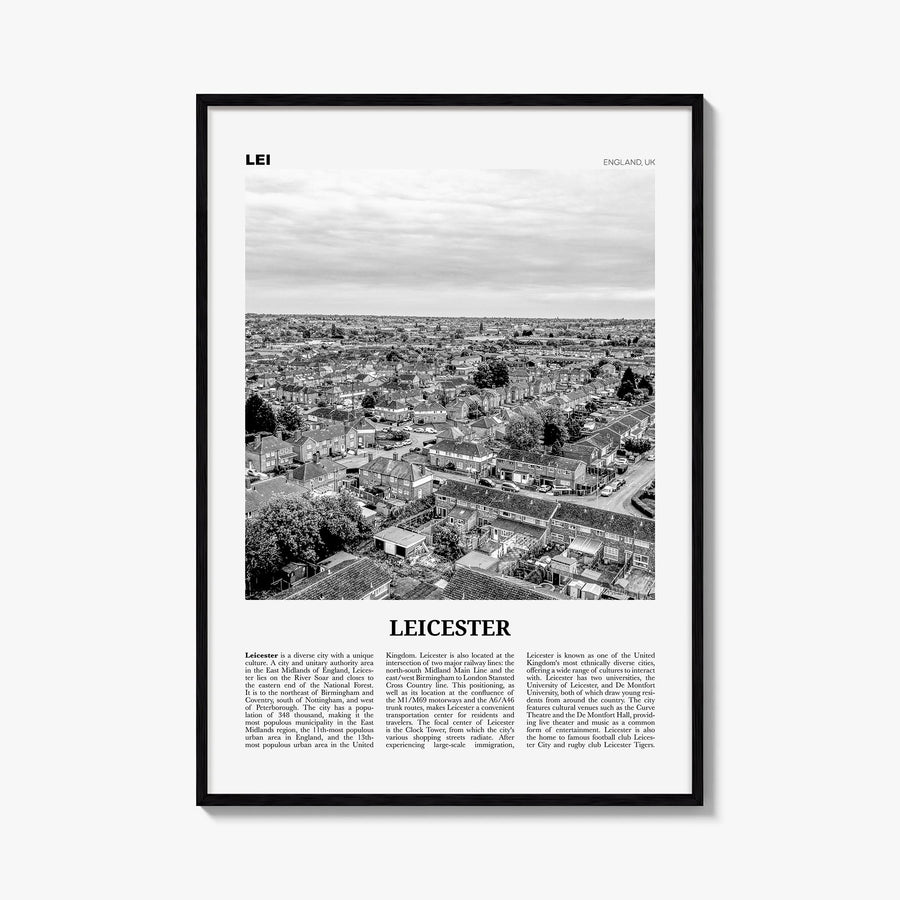 Leicester black & white newspaper poster of England, UK – vertical wall art, unframed print shown in interior mockup