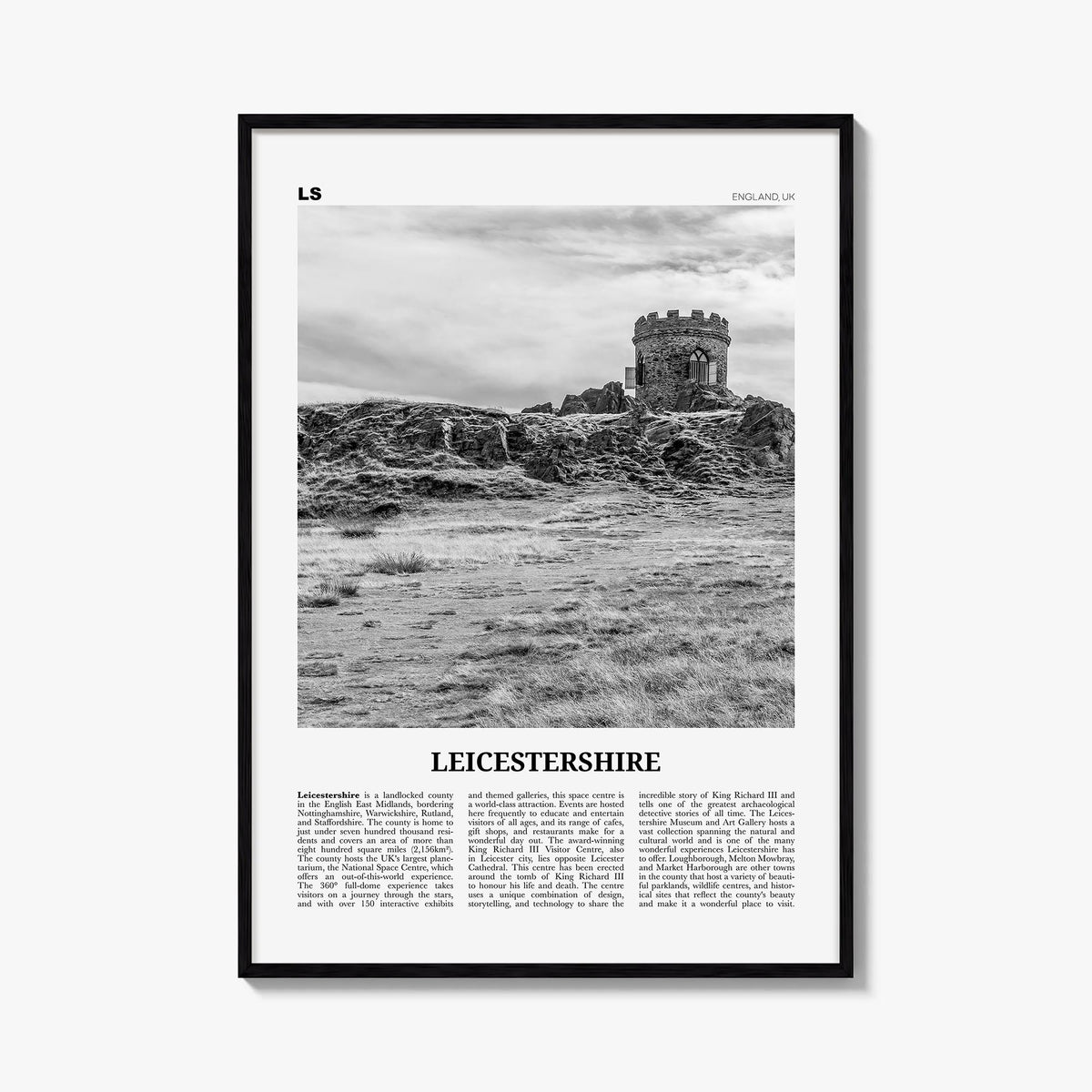 Leicestershire black & white newspaper poster of United Kingdom – vertical wall art, unframed print shown in interior mockup