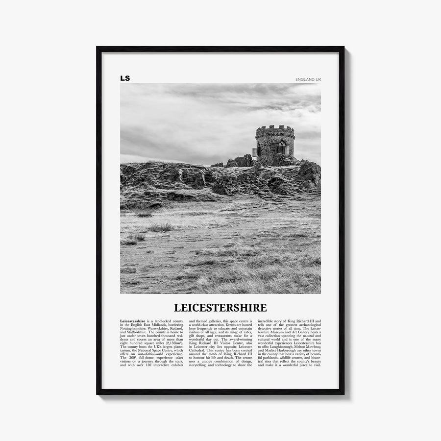 Leicestershire black & white newspaper poster of United Kingdom – vertical wall art, unframed print shown in interior mockup