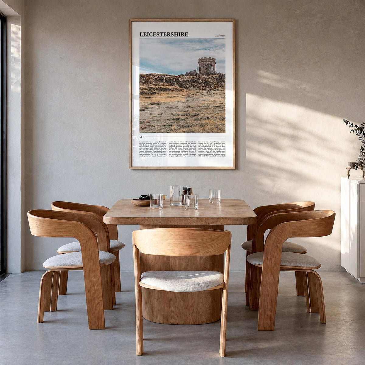 Leicestershire colorful travel poster of United Kingdom – vertical wall art in natural wood frame, hanging on wall