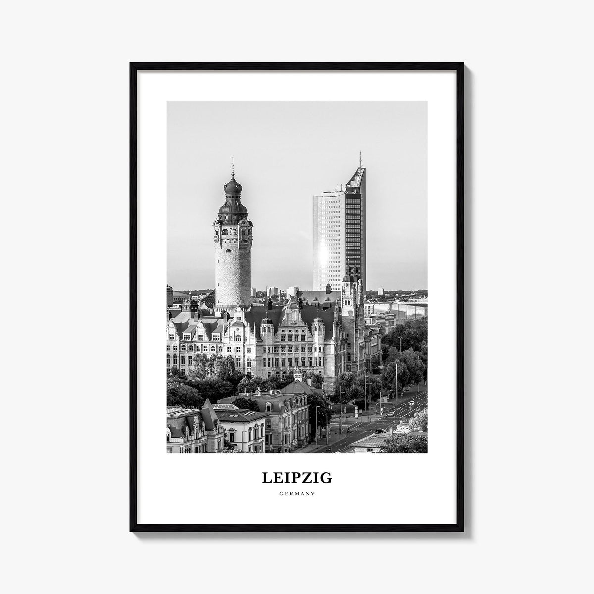 Leipzig black & white classic poster of Germany – vertical wall art, unframed print shown in interior mockup