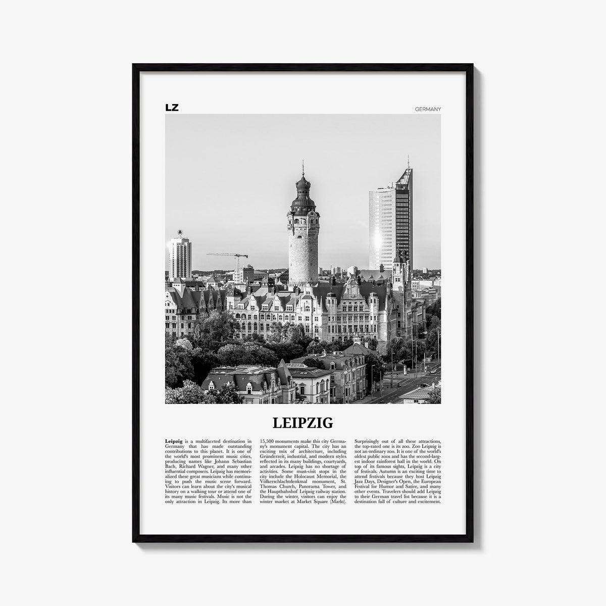 Leipzig black & white newspaper poster of Germany – vertical wall art, unframed print shown in interior mockup