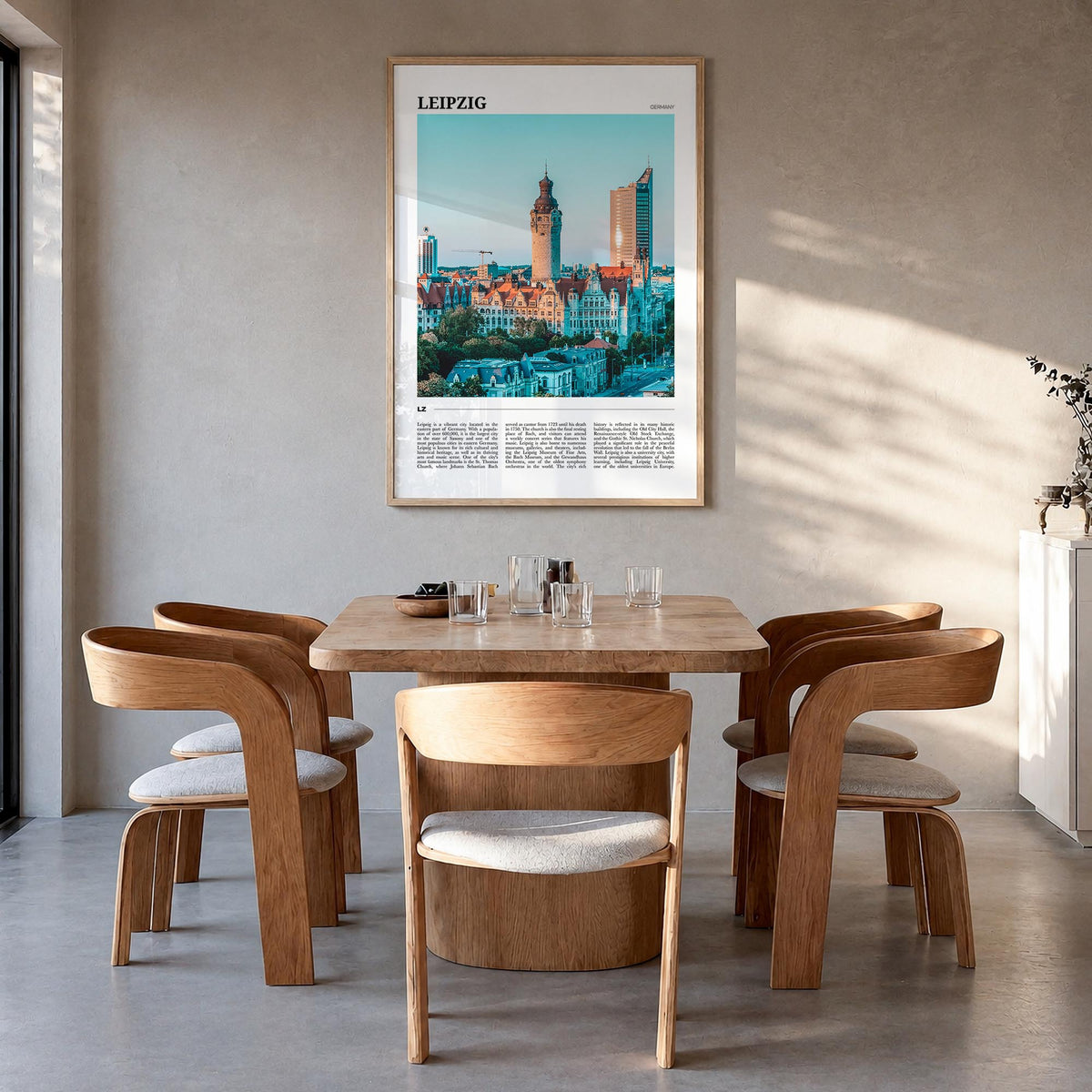 Leipzig colorful travel poster of Germany – vertical wall art in natural wood frame, hanging on wall