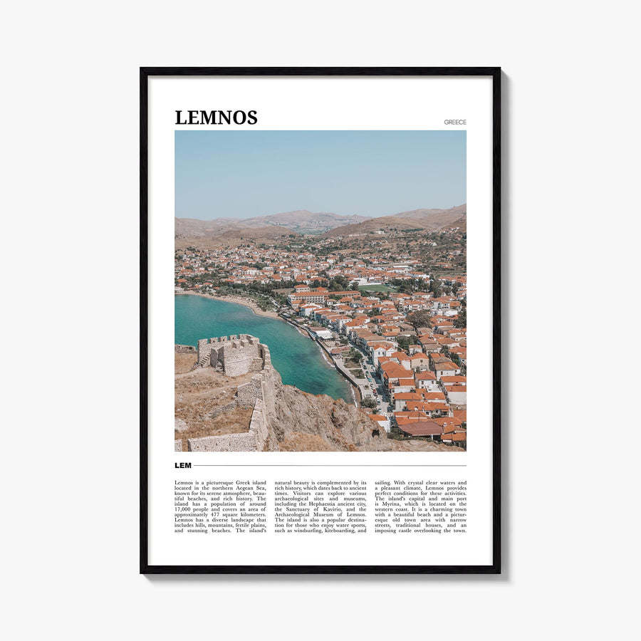 Lemnos colorful travel poster of Greece – vertical wall art, unframed print shown in interior mockup