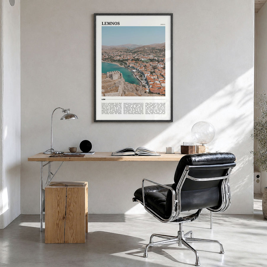 Lemnos Travel Poster in a black wood frame, hanging in a bright home office
