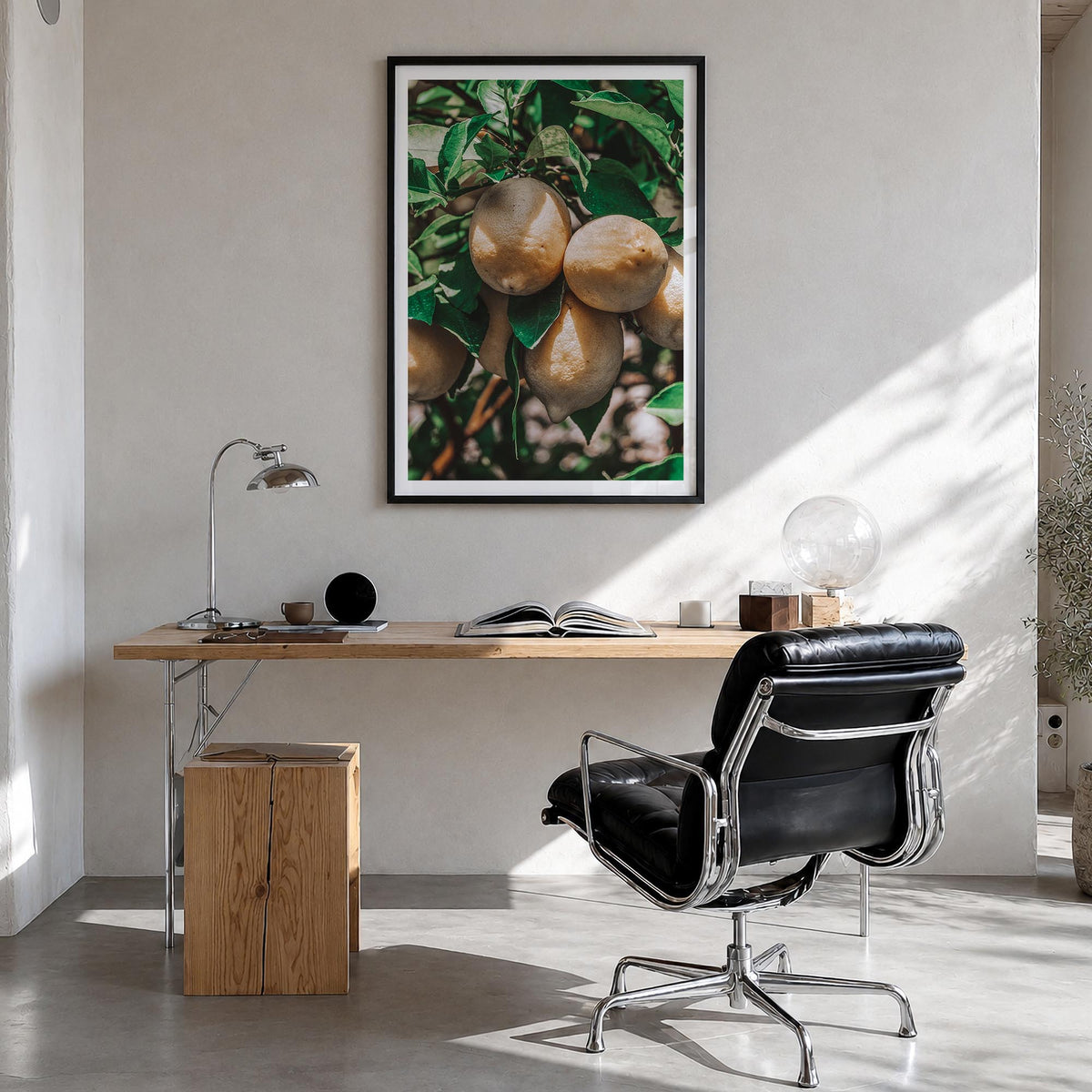 Lemon Tree colorful photo poster – vertical wall art in black wood frame with white border, hanging on wall