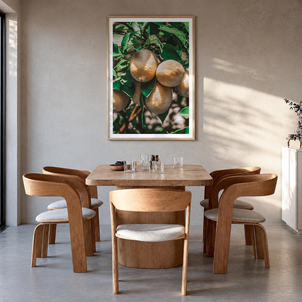 Lemon Tree colorful photo poster – vertical wall art in natural wood frame with white border, hanging on wall
