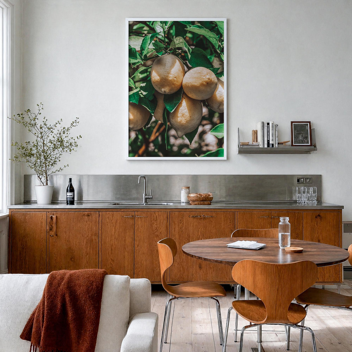 Lemon Tree colorful photo poster – vertical wall art in white wood frame, hanging on wall