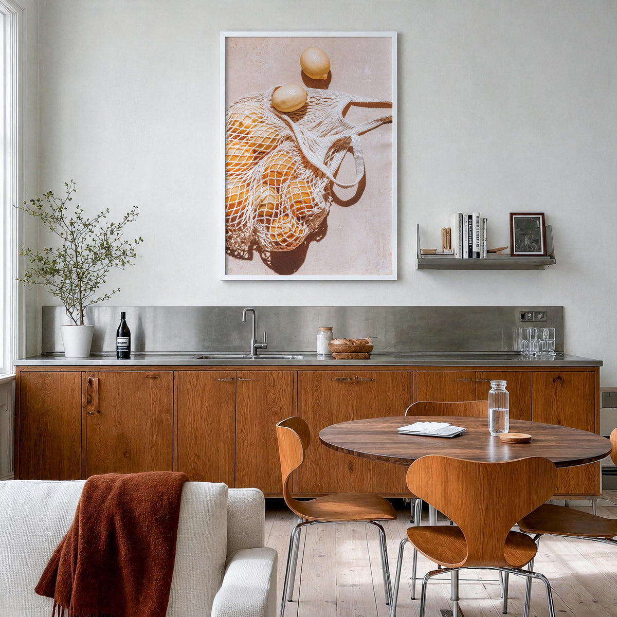 Lemons no. 1 colorful photo poster – vertical wall art in white wood frame, hanging on wall