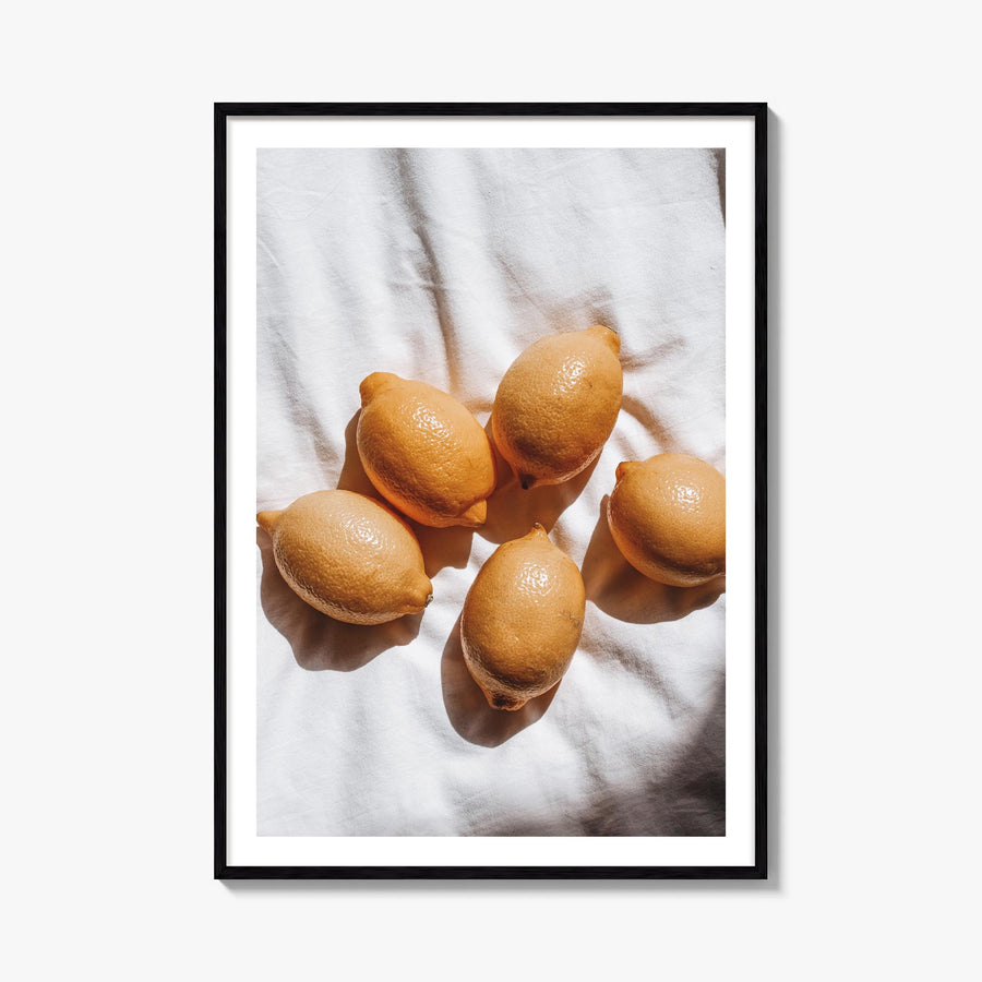 Lemons no. 2 colorful photo poster – vertical wall art, unframed print shown in interior mockup