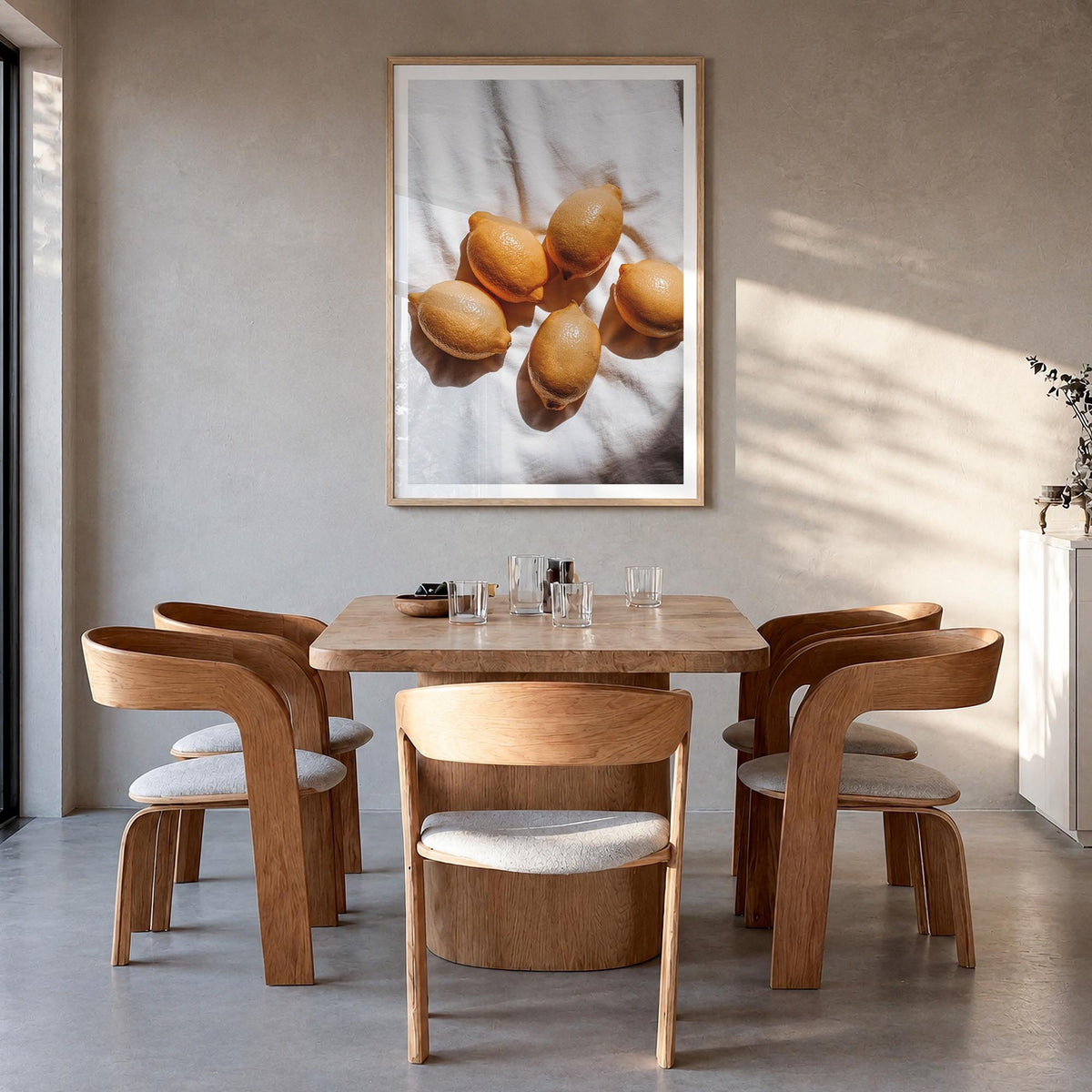 Lemons no. 2 colorful photo poster – vertical wall art in natural wood frame with white border, hanging on wall