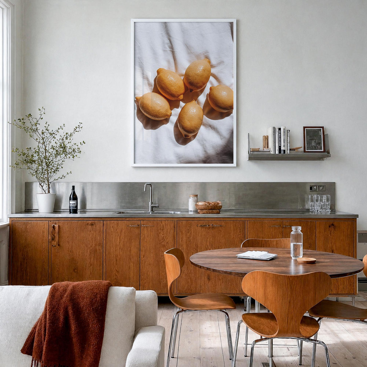 Lemons no. 2 colorful photo poster – vertical wall art in white wood frame, hanging on wall