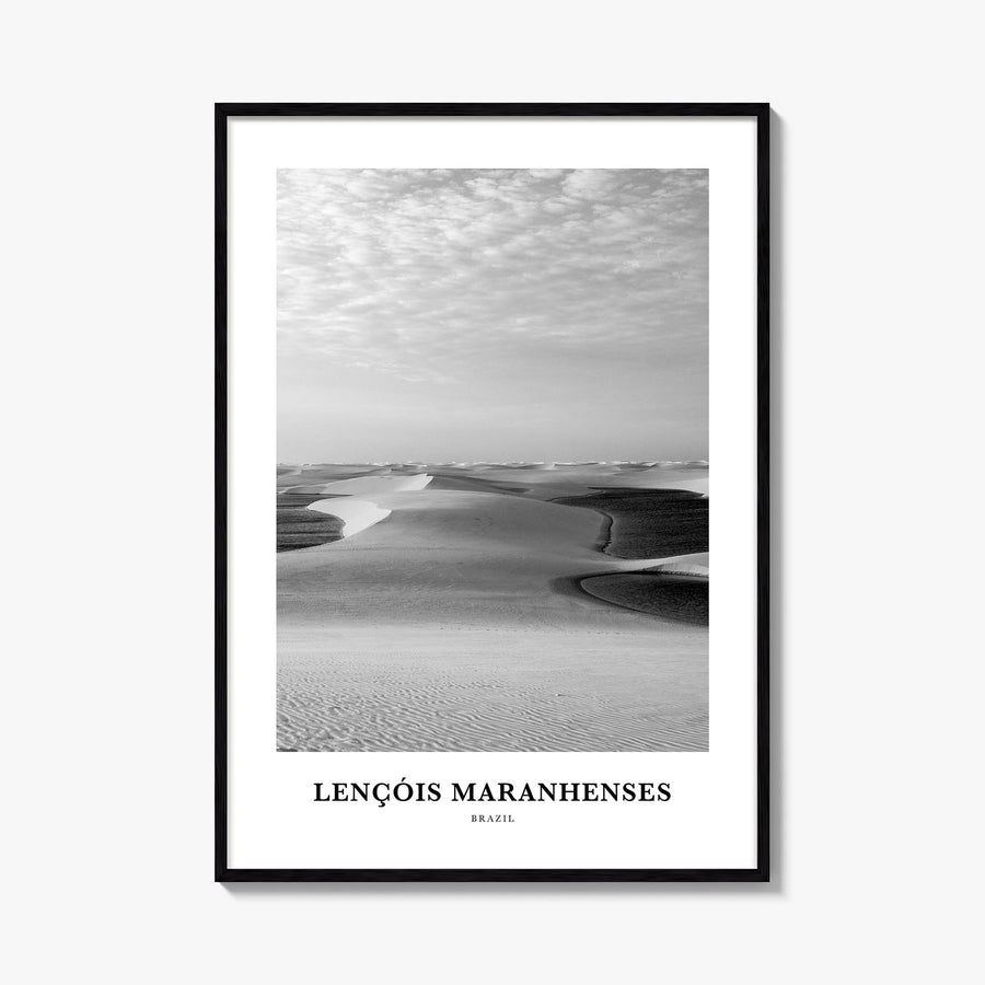 Lençóis Maranhenses black & white classic poster of Brazil – vertical wall art, unframed print shown in interior mockup