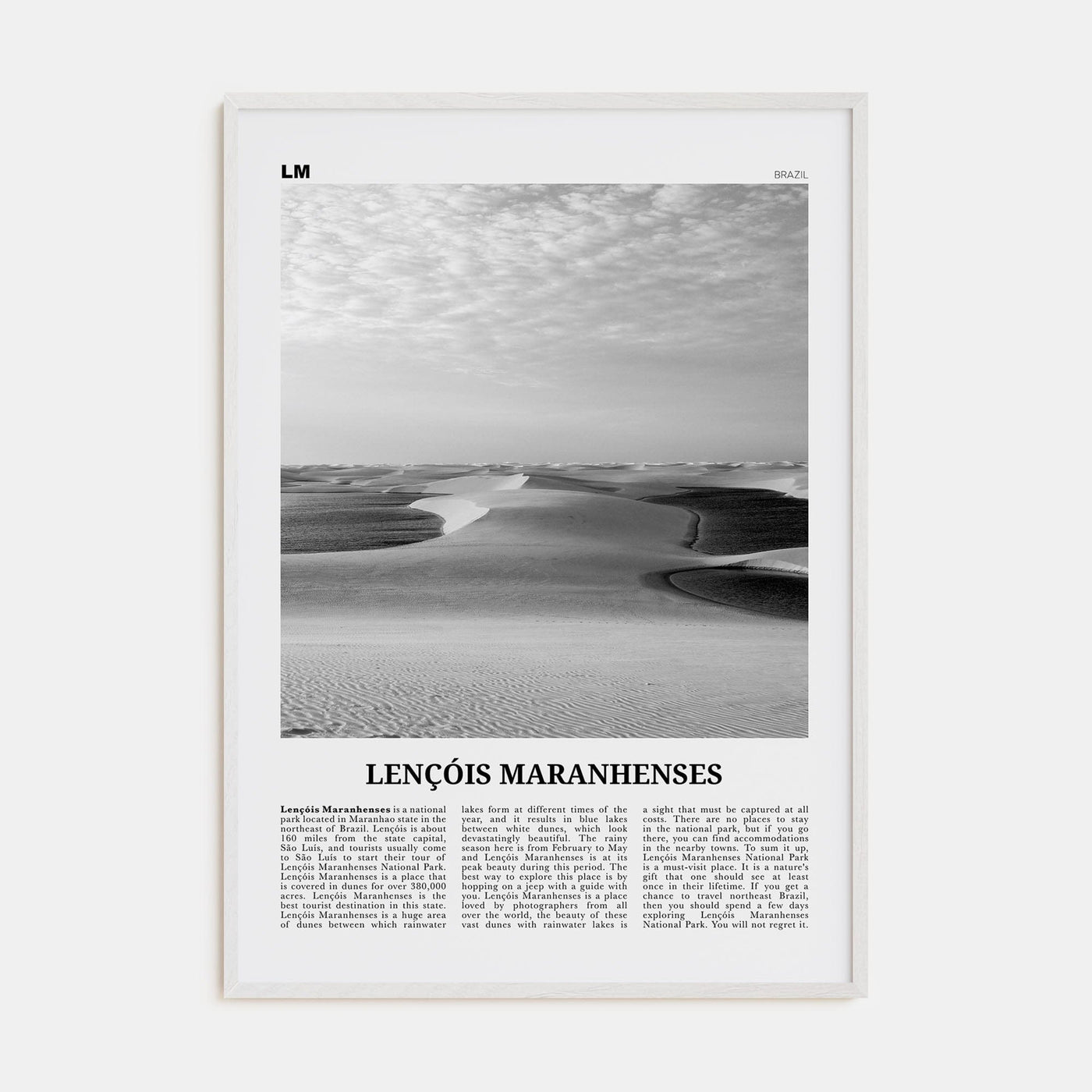 Lençóis Maranhenses Poster White Wood / 8x12 in Nbourhood Travel B&W Poster