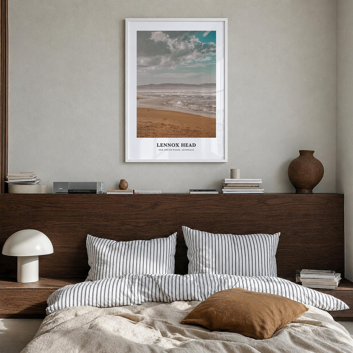 Lennox Head colorful classic poster of Australia – vertical wall art in white wood frame, hanging on wall