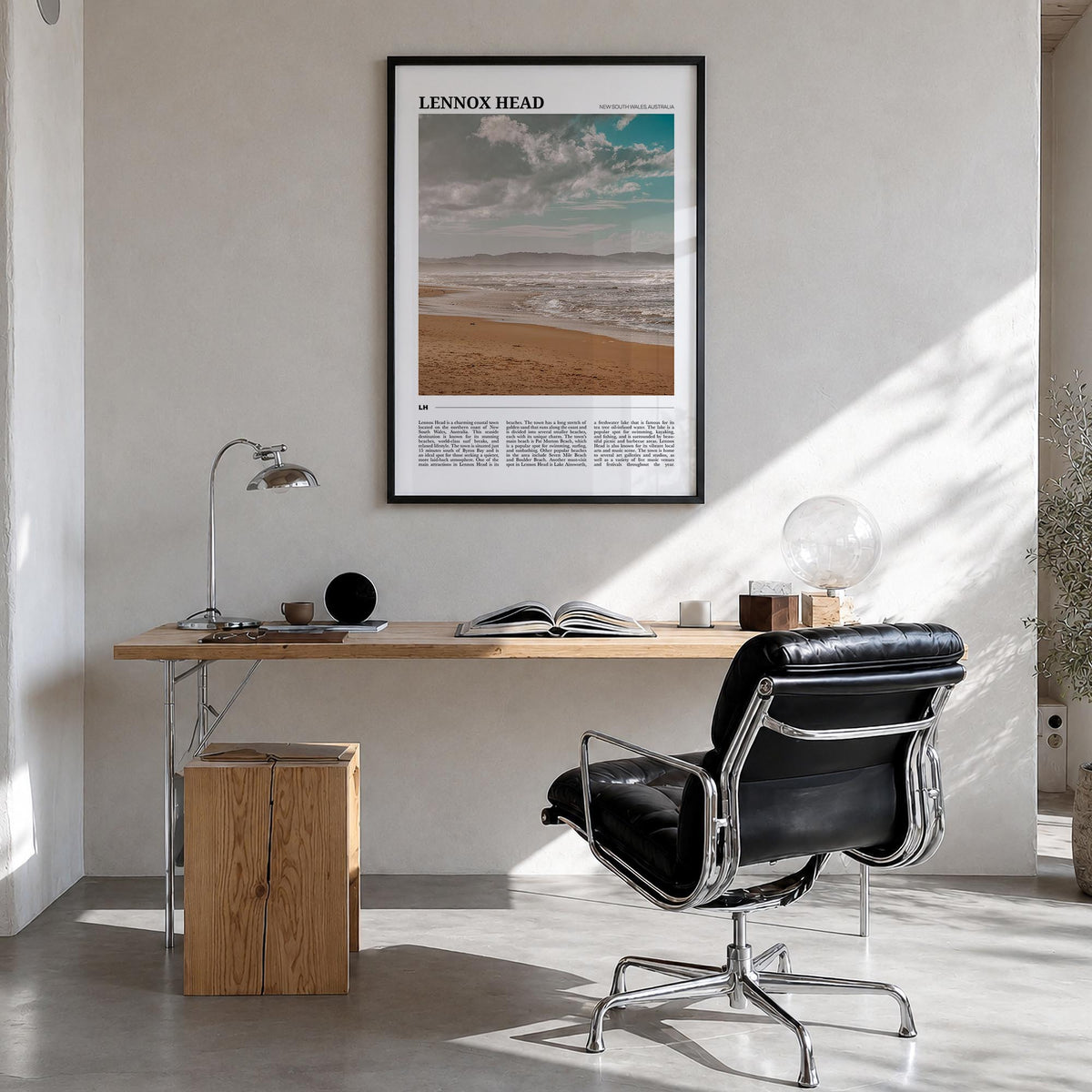 Lennox Head colorful travel poster of Australia – vertical wall art in black wood frame, hanging on wall