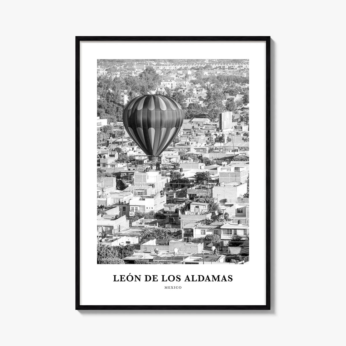 León de los Aldamas black & white classic poster of Mexico – vertical wall art, unframed print shown in interior mockup