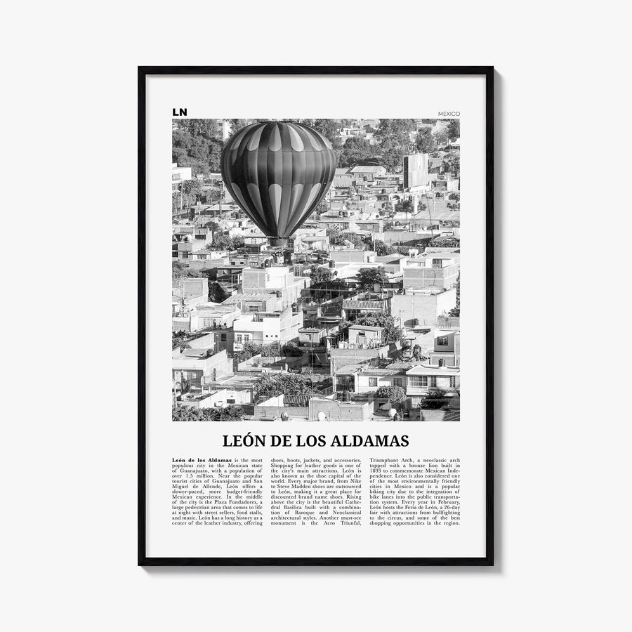 León de los Aldamas black & white newspaper poster of Mexico – vertical wall art, unframed print shown in interior mockup